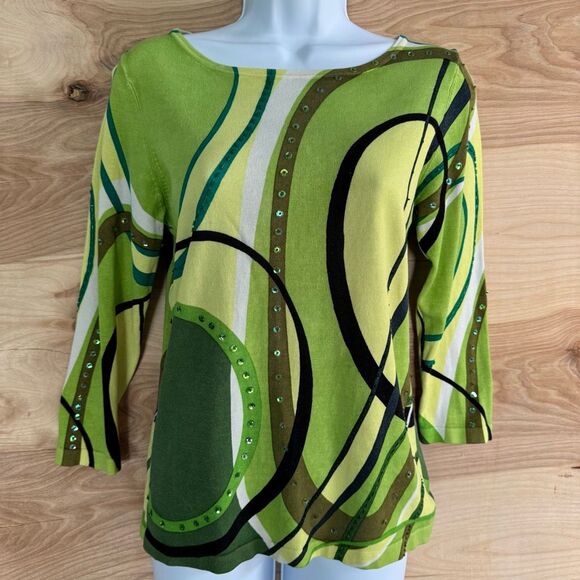 Vintage Tops - Vintage 70s Green Silk Abstract Sequin Beaded Shirt S